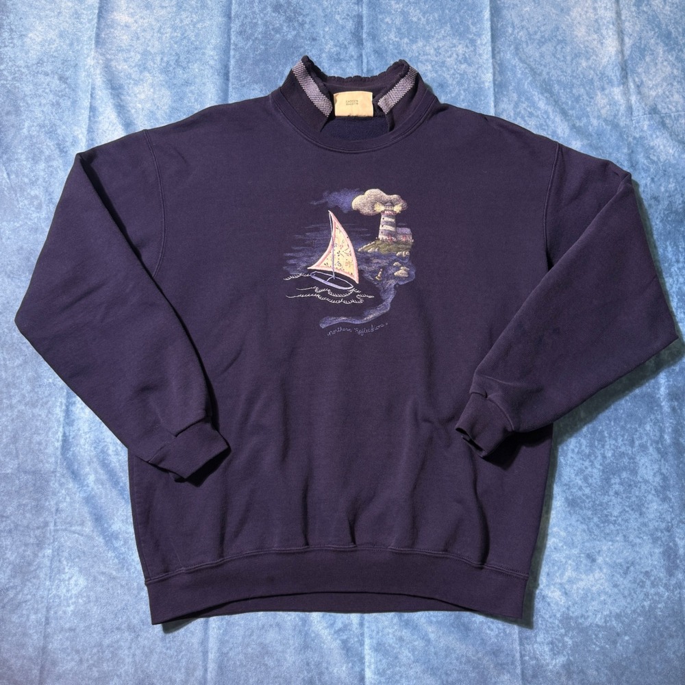 Vintage Northern Reflections Nautical Lighthouse Sailboat Sweatshirt Navy